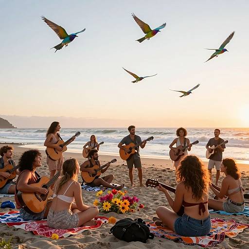 Photograph of a beach sunset jam session with eight musicians playing guitars, surrounded by six women in bikinis, colorful flowers, and four flying parrots