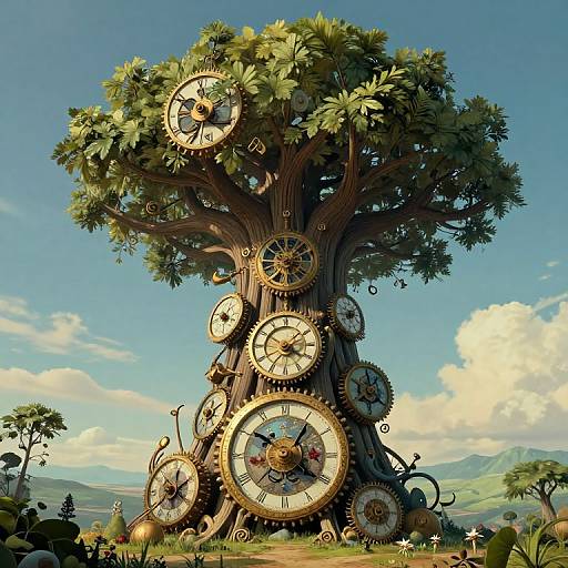 Whimsical digital illustration of a giant tree with clock faces as leaves, set in a vibrant, sunny countryside landscape.