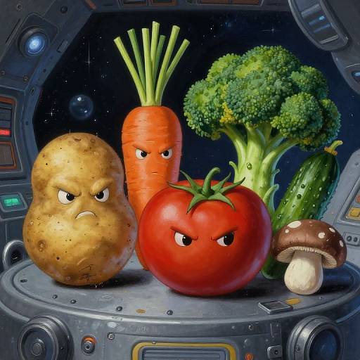 Anthropomorphic vegetables with angry expressions in a spaceship cockpit: potato, carrot, tomato, broccoli, cucumber, and mushroom. Digital art.