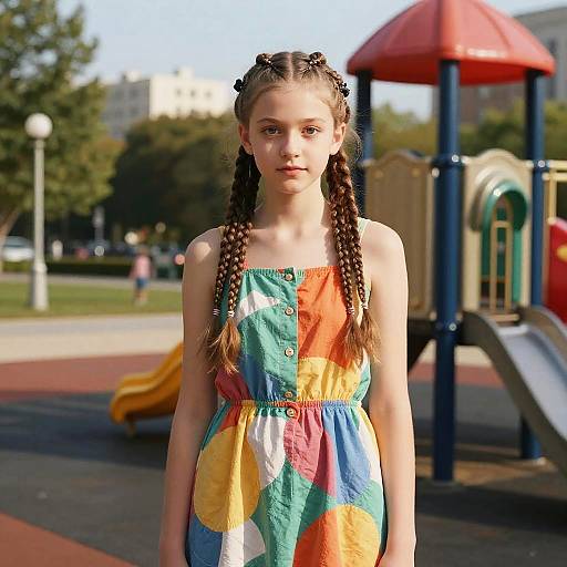 Photograph of a young girl with braided hair, wearing a colorful, strapless dress, standing in a sunlit playground with playground equipment in the