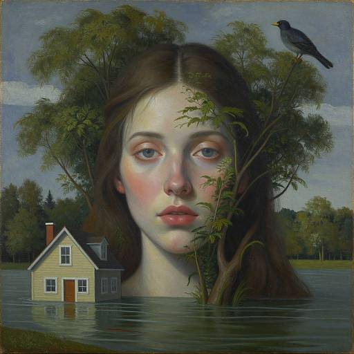 Surrealist painting: Young woman with pale skin and pink lips, brown hair, floating in water, house in background, bird on tree, eerie