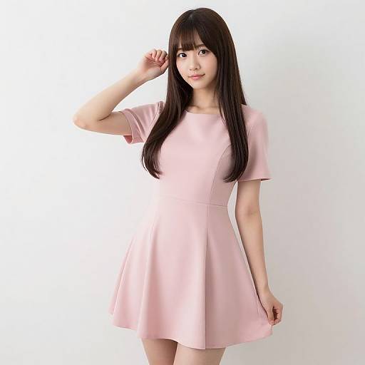 Photograph of a young Asian woman with long black hair, wearing a short-sleeved, pink, A-line dress, standing against a plain white