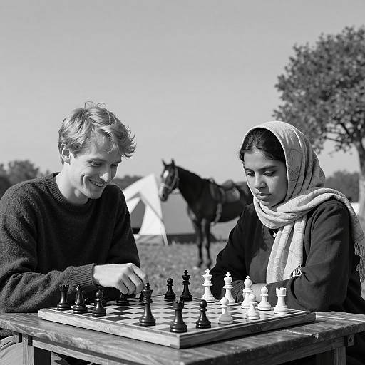 Outdoor Chess Match in Black and White