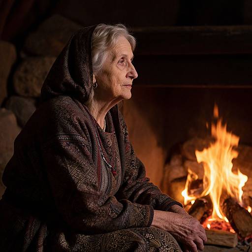 Photograph of an elderly woman with white hair, wearing a dark, patterned robe, sitting by a warmly glowing fireplace, gazing thoughtfully into