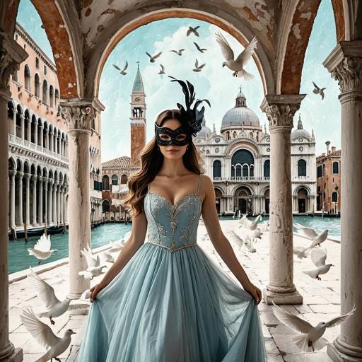 Woman in Venetian Mask and Dress in Venice