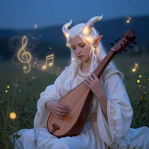 Photograph of a white-haired, elf-like woman with glowing horns, playing a lute in a twilight field, surrounded by floating musical notes.