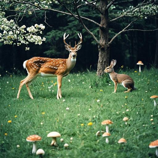 Deer and Rabbit in Forest Meadow