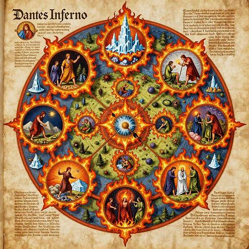 Medieval-style illuminated manuscript featuring a circular, fiery diagram with religious scenes of saints and a central sun-like flame, surrounded by text and small mountains.