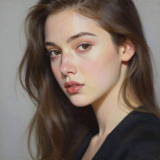 Digital painting of a young woman with fair skin, brown eyes, and long brown hair, wearing a black top, against a gray background. Realistic