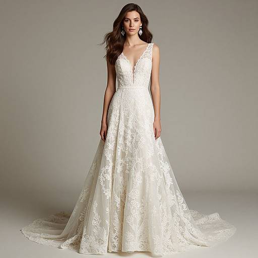 Photograph of a brunette woman in a white, lace-embellished, V-neck, sleeveless wedding gown with a long train, standing against