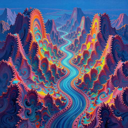 Vibrant digital artwork of a winding blue river through colorful, swirling, illuminated mountain landscape with neon orange and pink patterns.