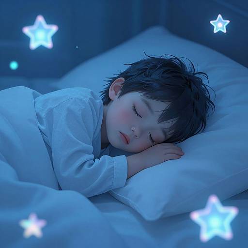Photograph of a young boy with black hair, sleeping peacefully on a white pillow in a blue-lit room with glowing stars. He wears a white