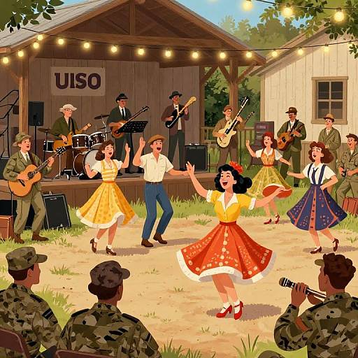 Colorful vintage-style illustration of a lively dance performance with four women in bright, patterned dresses and soldiers in the audience, under a wooden stage with