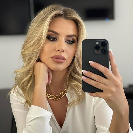 Photograph of a blonde woman with wavy hair, wearing a white blouse and gold chain necklace, taking a selfie with an iPhone in a modern,