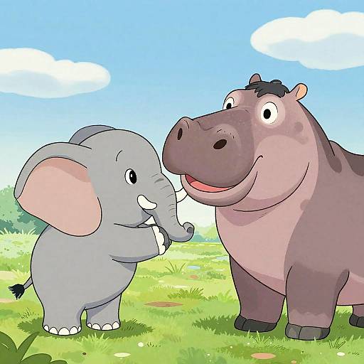 Cartoon illustration of a smiling gray baby elephant and a friendly, smiling brown hippo standing on green grass under a bright blue sky with white clouds.