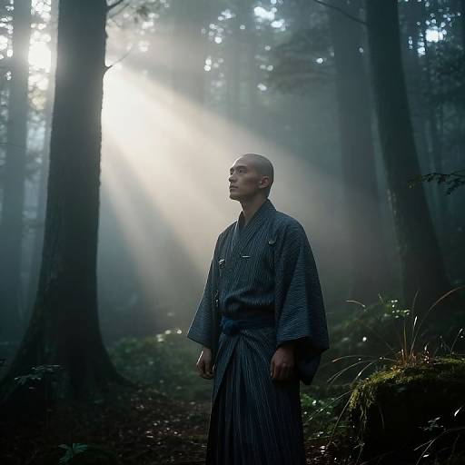 Photograph of a bald, light-skinned man in a blue striped kimono standing in a misty forest, sunlight filtering through tall trees.