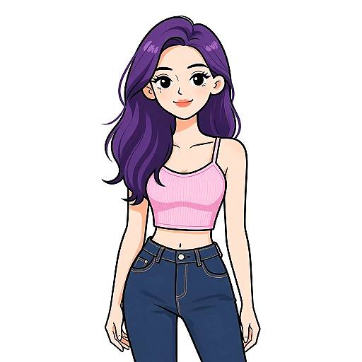 Digital anime-style drawing of a smiling young woman with long purple hair, wearing a pink crop top and blue jeans.