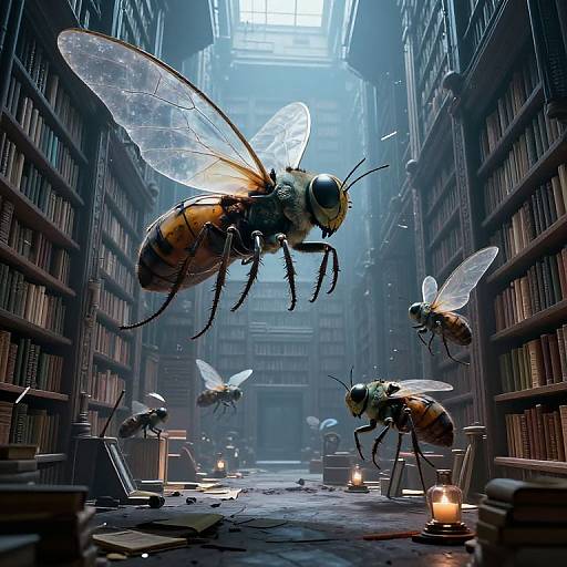 Photorealistic CGI: Giant, translucent-winged bees hover in a dimly lit, book-filled library, illuminated by candles, creating a surreal,