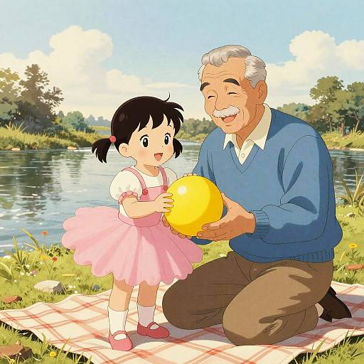 Anime-style illustration of an elderly man with gray hair, blue sweater, and brown pants, smiling while kneeling beside a young girl in a pink dress,