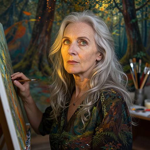 Photograph of an elderly woman with long, wavy gray hair painting in a forest, illuminated by warm, orange light, wearing a dark, pattern