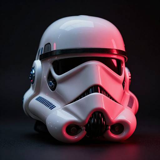 Photograph of a glossy white Stormtrooper helmet illuminated with red and blue LED lights, set against a dark background.