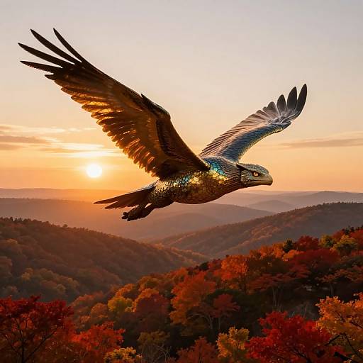 Photograph of a majestic, iridescent hawk with outstretched wings soaring over a vibrant, autumnal forest at sunset, with warm, golden