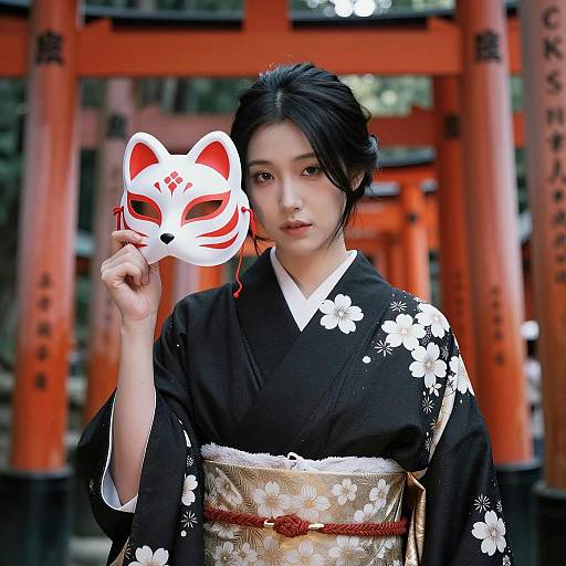 Asian Woman in Black Kimono Holding Fox Mask at Torii Gate