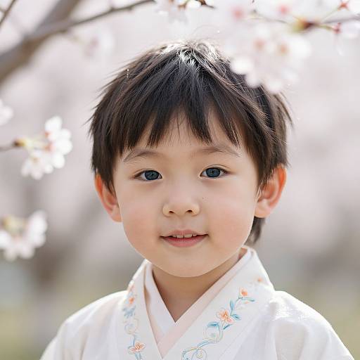 Photograph of a cute Asian toddler with black hair, wearing a white floral kimono, smiling against a blurred background of cherry blossoms.