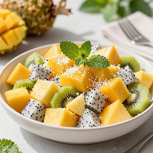 Photograph of a vibrant fruit salad with diced mango, kiwi, black dragon fruit, topped with mint and coconut flakes, on a white plate.