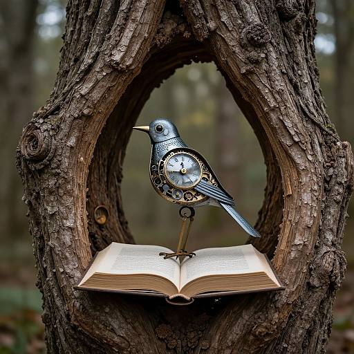 Photograph of a metallic bird with a clock on its side, perched on an open book, within a natural tree hollow in a forest.