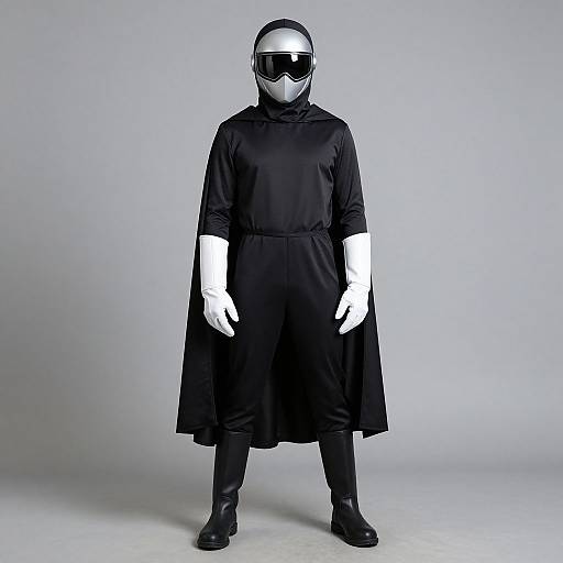 Photograph of a person in a black, long-sleeve dress, white gloves, black boots, and a black helmet with reflective visor,