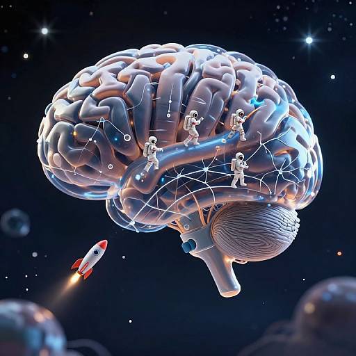 Digital illustration of a glowing, futuristic brain floating in space, with small white human figures connected by neon lines, surrounded by stars, planets, and a