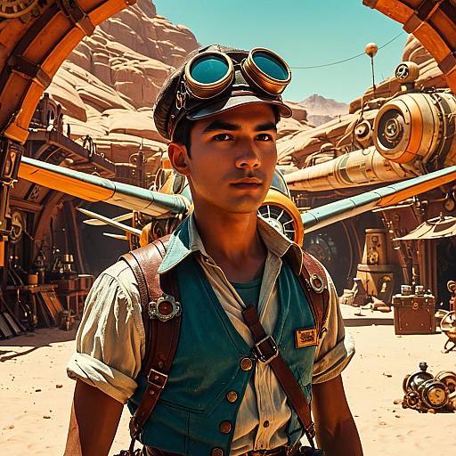 Steampunk Aviator Boy in Desert Outpost