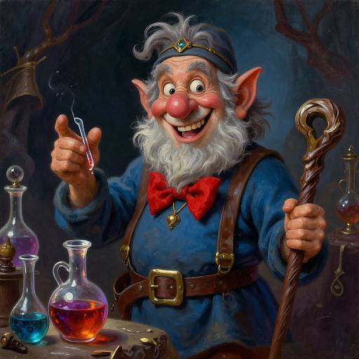 Digital painting of a joyful, old, white-bearded elf with pointed ears, wearing a blue robe, red bowtie, and a crown, mixing