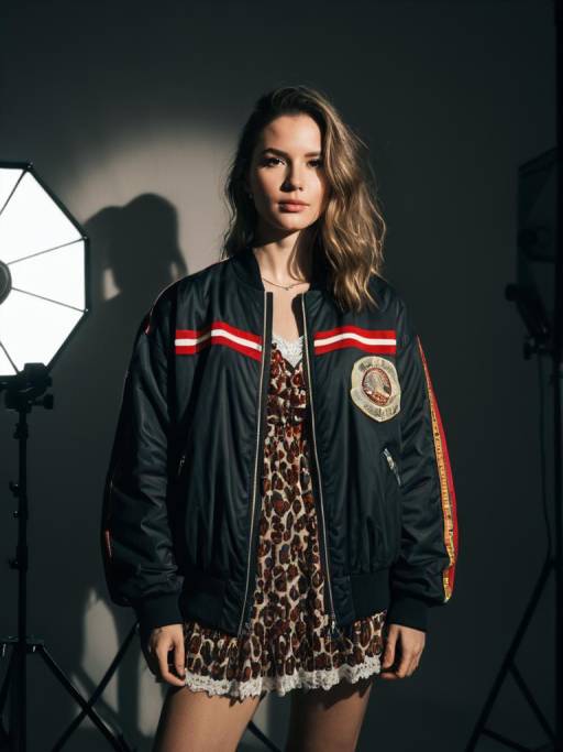 Woman in Leopard Print Dress and Bomber Jacket