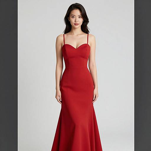 Photograph of an Asian woman with long black hair, wearing a form-fitting, strapless, red evening gown, standing against a white background.