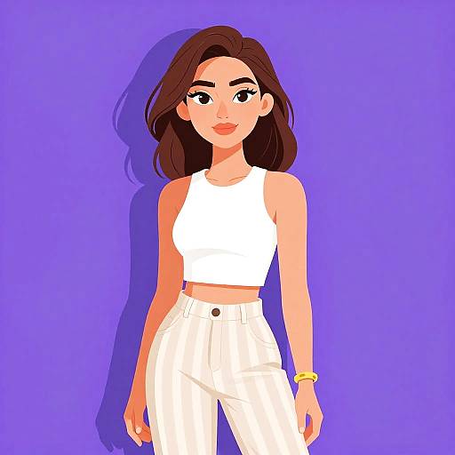 Digital illustration of a confident woman with long brown hair, wearing a white crop top and high-waisted white pants, against a solid purple background.
