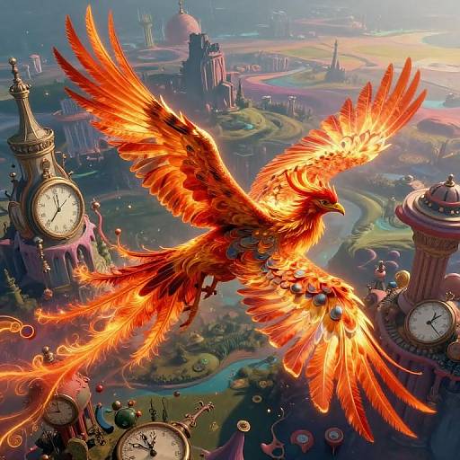 Digital fantasy artwork of a fiery, radiant phoenix soaring above a whimsical, clock-adorned cityscape with vibrant, surreal architecture.