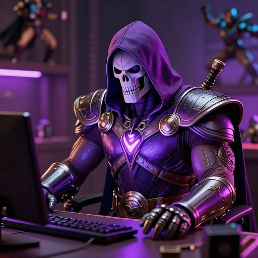 CGI image of a hooded, armored skeletal warrior with glowing purple eyes, typing on a laptop in a dimly lit, futuristic room.
