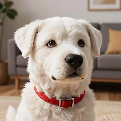 Photograph of a fluffy white dog with brown eyes, wearing a red collar, sitting in a modern living room with gray sofa and yellow pillow.