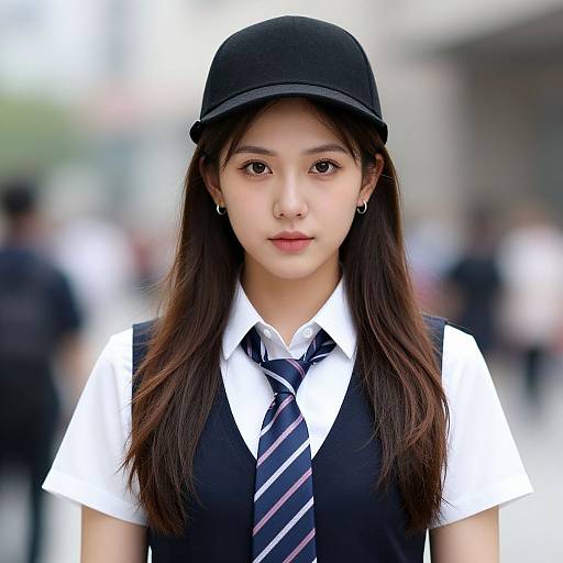 Photograph of an Asian woman with long brown hair, wearing a black cap, white shirt, black vest, and striped tie, standing in a blurred