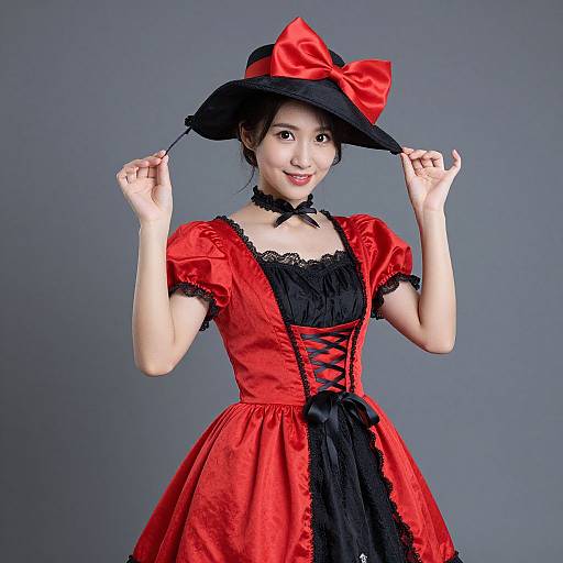 Asian woman in a red and black gothic dress with lace, black choker, large red bow, and black hat, smiling against gray background.