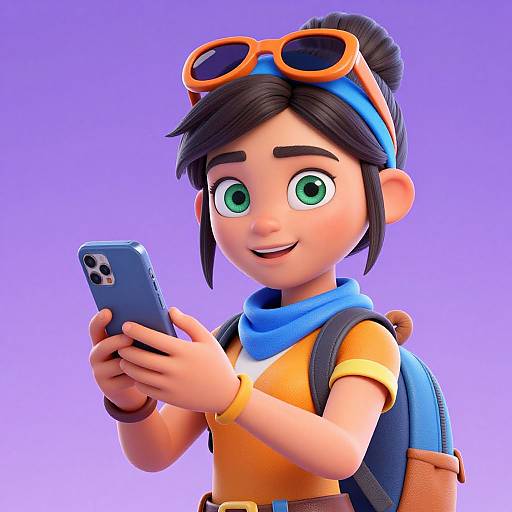 Digital 3D cartoon of a smiling Asian girl with green eyes, black hair in a bun, orange sunglasses, blue headband, orange shirt,