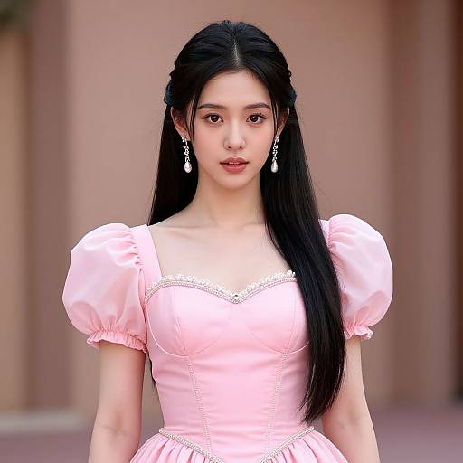 Photorealistic CGI of an East Asian woman with long black hair, wearing a pink puffed-sleeve dress and silver earrings, standing in front