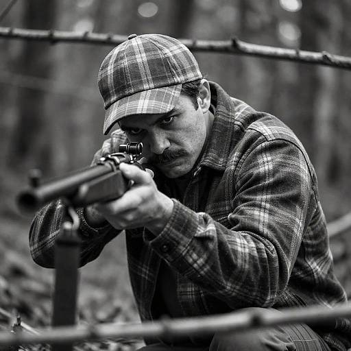 Intense Man Aiming in Forest