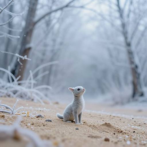 Photograph of a small, fluffy, gray-furred chipmunk sitting on sandy ground in a frosty, leafless forest, looking upward.
