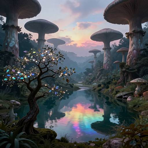 Digital fantasy artwork of a serene, twilight forest with glowing mushrooms, a reflective river, and a tree adorned with colorful fairy lights.