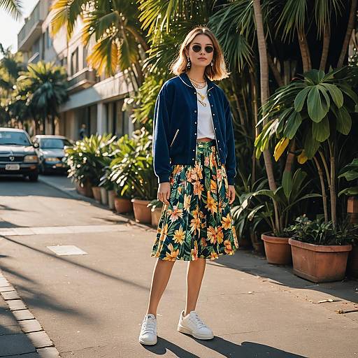 Youthful Street Style with Floral Skirt and Velour Jacket