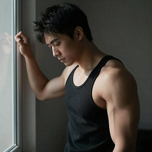 Muscular Man in Black Tank Top by Window