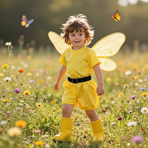 Photograph of a cute toddler in yellow fairy costume with glowing wings, standing in a sunlit meadow of colorful flowers, surrounded by fluttering butterflies